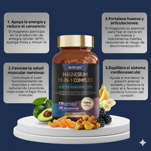 Magnesium 12-in-1 Complex / 1500 mg - Suplemento Vegano con Glicinato, Citrato y Malato para Relajación, Músculos y Corazón | 120 Cápsulas